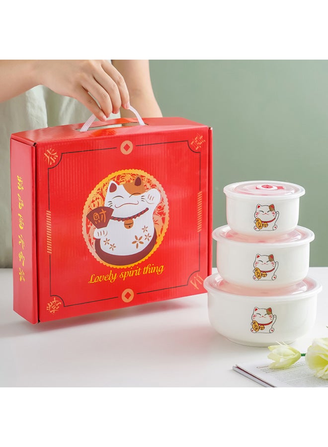 Ceramic Fresh-keeping Bowl Three-piece Vacuum Sealed Microwave Oven Gift Bowl Wedding Gift Will Sell Tableware Printing-Specifications:Lotus Rhyme-Color:2-Piece Gift Box (36 Sets Or 20 Sets Per Box) - Image 5