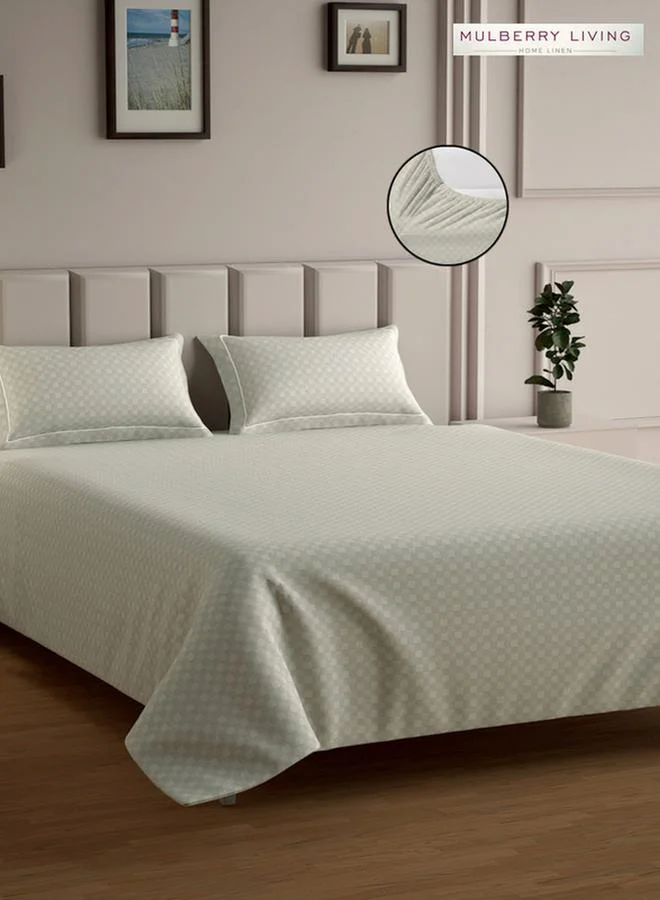 Mulberry Living 100% Cotton Queen Fitted Bedsheet With 2 Pillow Covers - 300Tc Urban Grid - Ivory