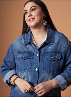 SASSAFRAS Plus Size Embellished Detail Washed Denim Jacket with Pocket Detail by Styli  - Image 1