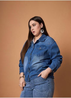 SASSAFRAS Plus Size Embellished Detail Washed Denim Jacket with Pocket Detail by Styli  - Image 4