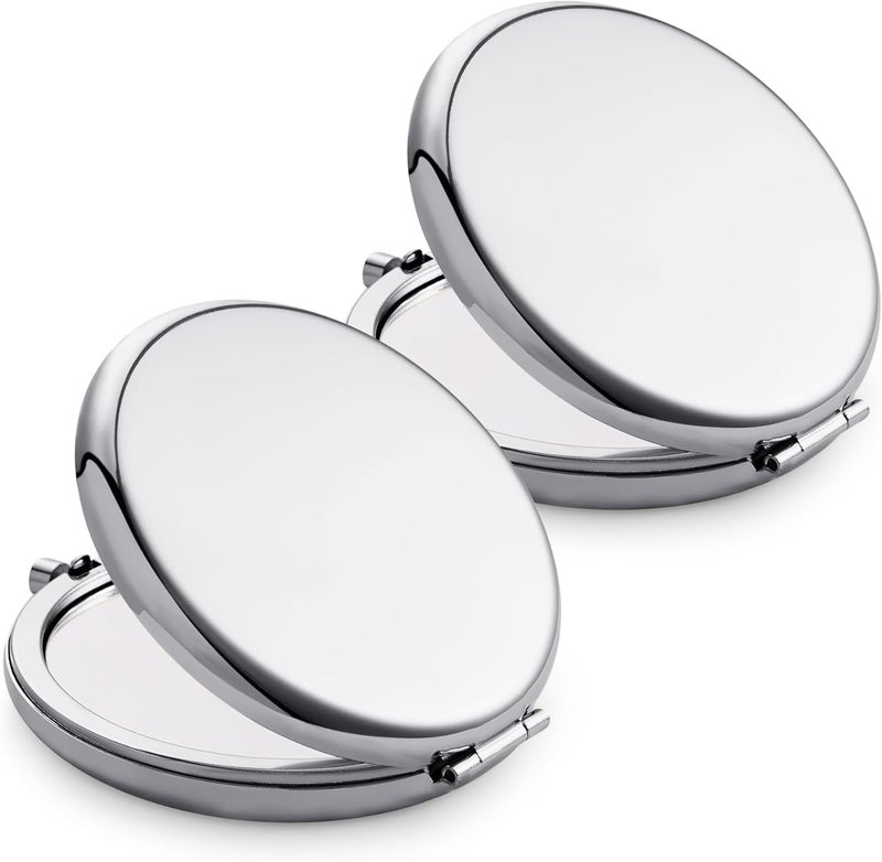 QUSTGO Compact Mirror Pocket Travel Makeup Mirror for Purse Metal Round Shell 2Sided 1X2X Magnifying Portable Folding Handheld Silver 2 Pack - Image 3