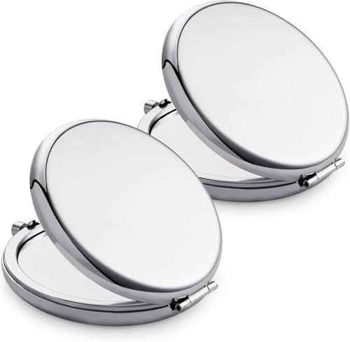 QUSTGO Compact Mirror Pocket Travel Makeup Mirror for Purse Metal Round Shell 2Sided 1X2X Magnifying Portable Folding Handheld Silver 2 Pack - Image 1