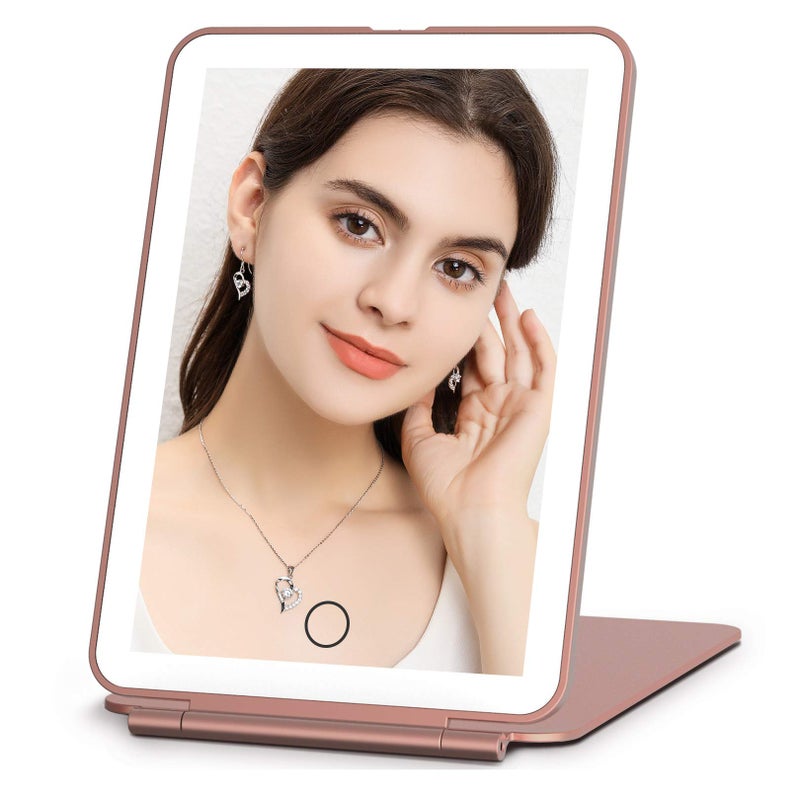 FUNTOUCH Rechargeable Travel Makeup Mirror with 72 Led Lights Portable Lighted Beauty Mirror 3 Color Lighting Dimmable Touch Screen Tabletop LED Folding Cosmetic Vanity Mirror