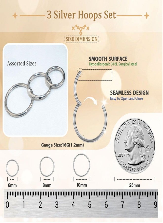 AMASIS 3Pcs 16G Silver Nose Rings Hoop for Women Men,Hypoallergenic 316l Surgical Steel Hinged Clicker Segment Nose Rings Hoop Helix Cartilage Daith Tragus Sleeper Earrings Real Body Piercing Jewelry - Image 2