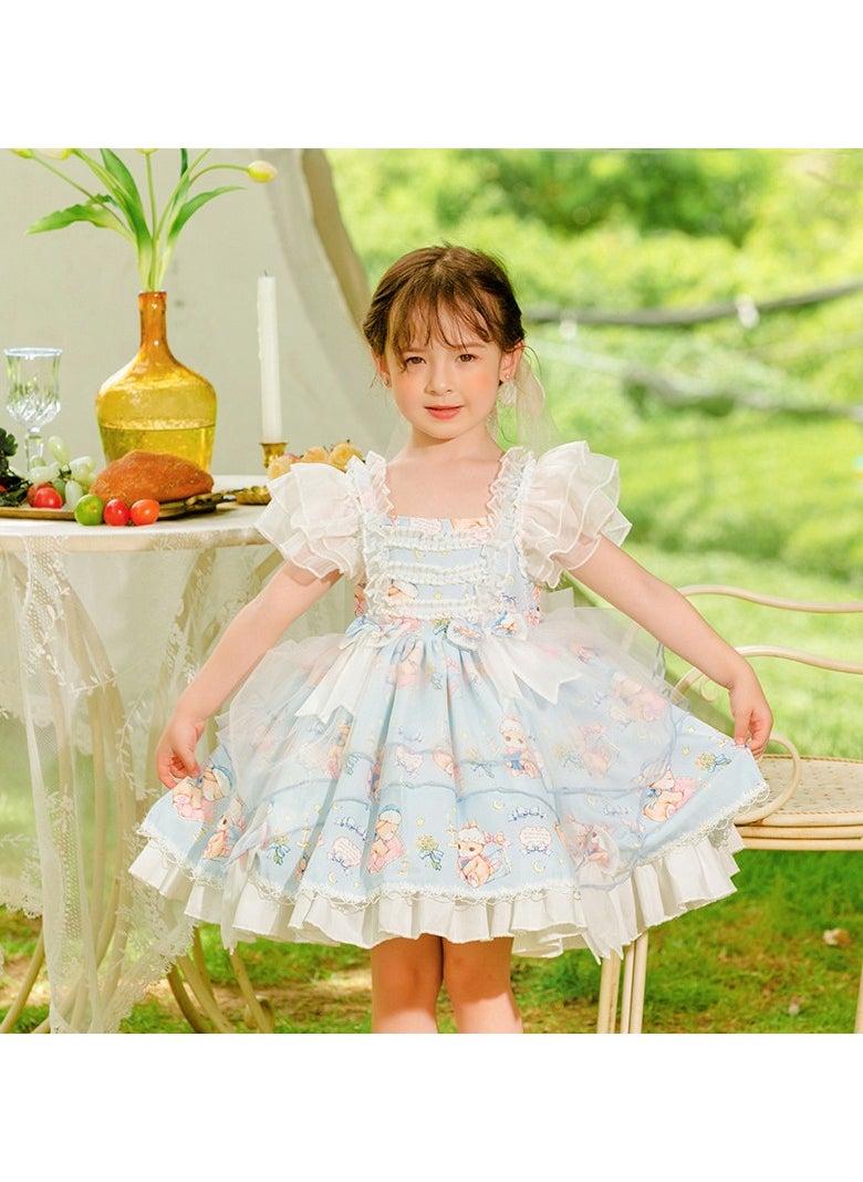 Loquat Girl's Cartoon Lolita Fluffy Sleeveless Dress Blue/White/Pink  - Image 1