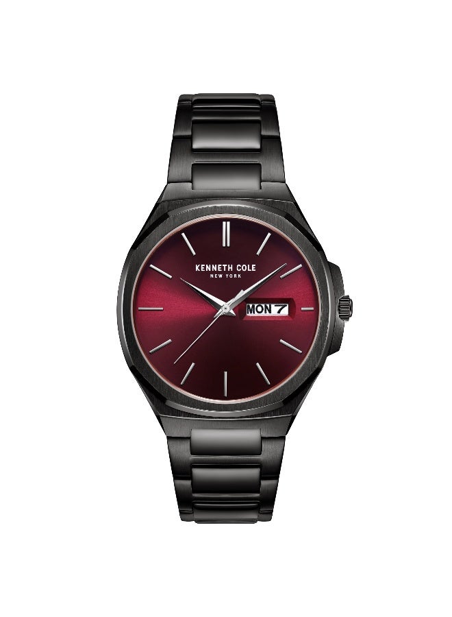 Kenneth Cole New York ساعة أنالوج للرجال بقرص أحمر داكن من الفولاذ المقاوم للصدأ بلون المسدس - 44 مم - Image 1
