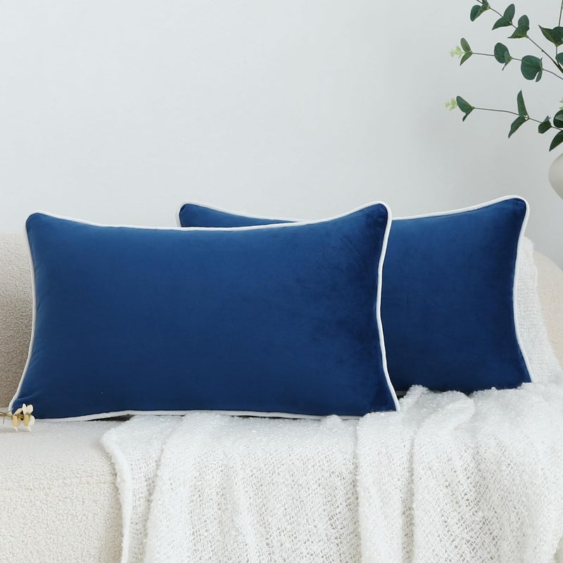LIGICKY Set of 2 Nayy Blue Velvet Lumbar Pillow Covers Modern Minimalist Style Solid Decorative White Rope Edging Soft Rectangle Cushion Cases for Sofa Bedroom Party DÃ©cor, 12 x 20 inch - Image 1