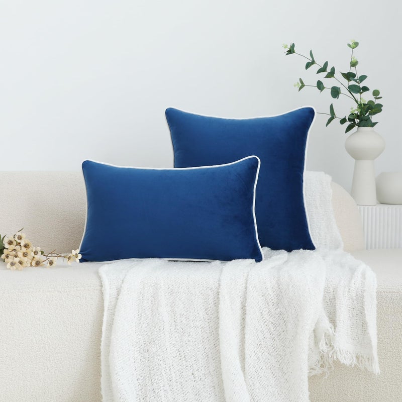 LIGICKY Set of 2 Nayy Blue Velvet Lumbar Pillow Covers Modern Minimalist Style Solid Decorative White Rope Edging Soft Rectangle Cushion Cases for Sofa Bedroom Party DÃ©cor, 12 x 20 inch - Image 2