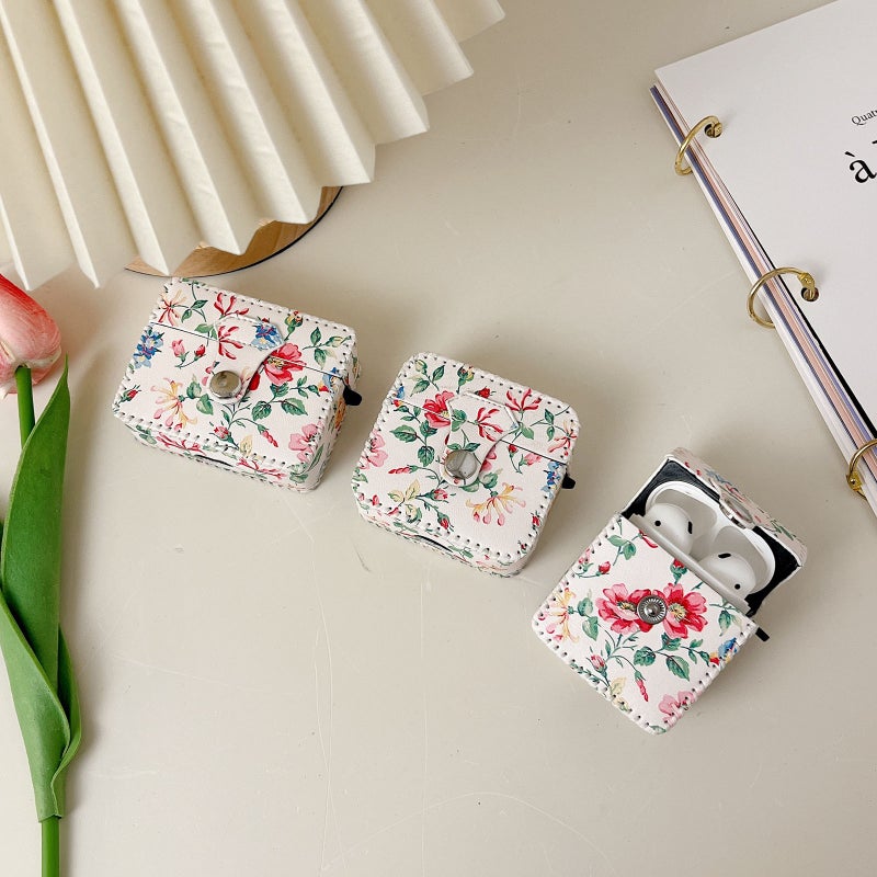 For AirPods 1/2 White Floral PU Leather Wireless Earphone Case