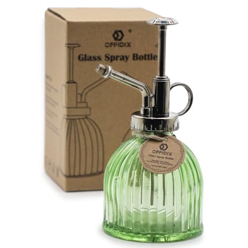 OFFIDIX Glass Plant Mister, 6.3 Inches Tall Vintage Style Spritzer Bronze Plastic Top Pump One Hand Watering Can Indoor Plant Spray Bottle for Garden, Plants, Cleaning (Light Green) - Image 1