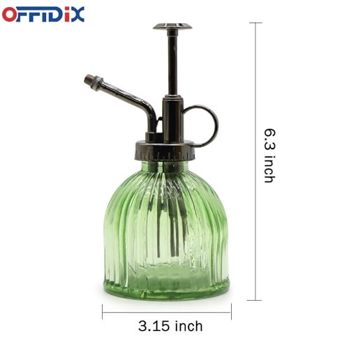 OFFIDIX Glass Plant Mister, 6.3 Inches Tall Vintage Style Spritzer Bronze Plastic Top Pump One Hand Watering Can Indoor Plant Spray Bottle for Garden, Plants, Cleaning (Light Green) - Image 2