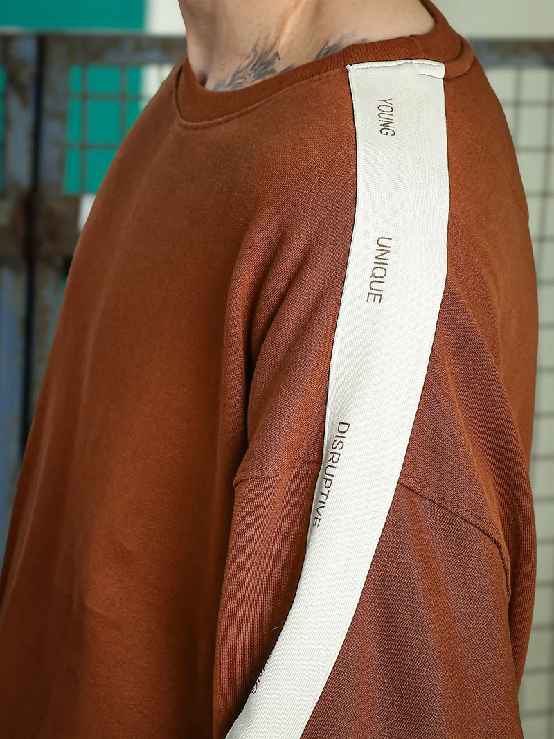 مانياك Maniac Mens ColorBlock Round Neck Full Sleeve Brown & Cream Fleece Sweatshirt