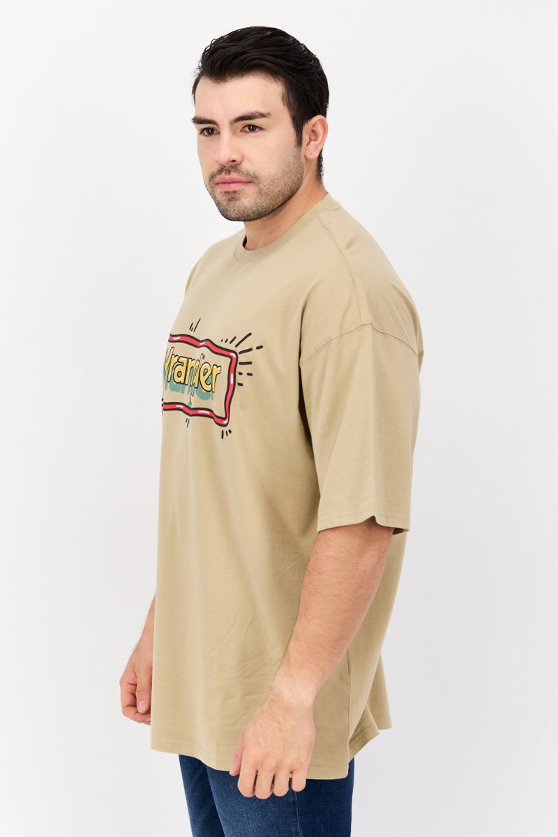 Men Crew Neck Short Sleeves Brand Logo T-Shirt, Beige