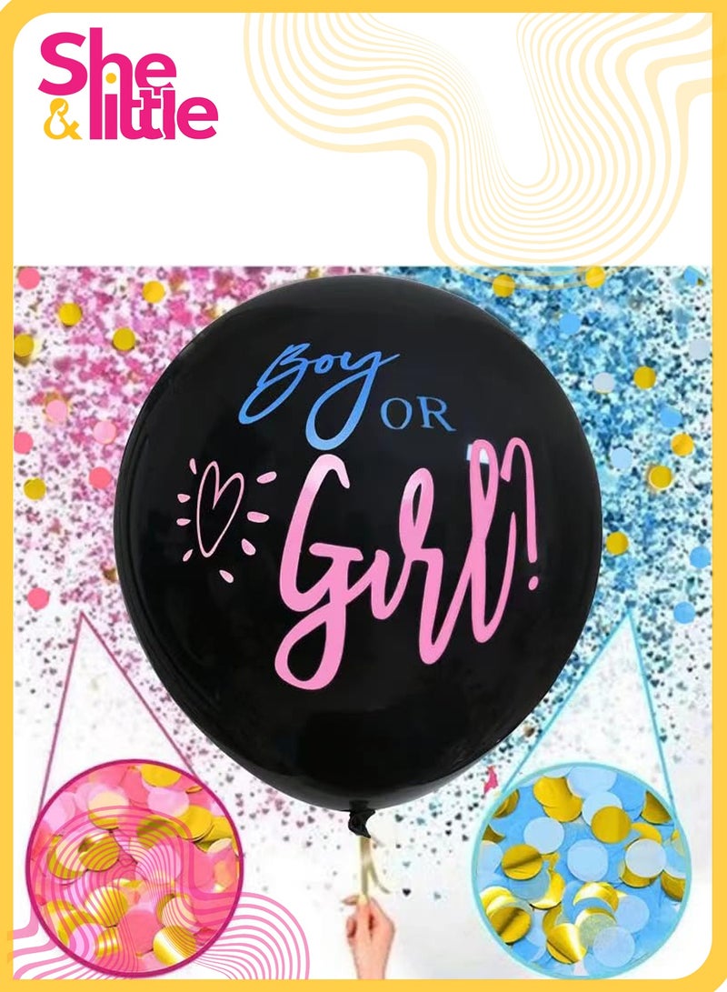 شي آند ليتل مجموعة بالونات الكشف عن جنس الطفل، بالون كونفيتي أسود مقاس 36 بوصة مع قصاصات ورقية وردية وزرقاء وشرابات، ديكور حفلة الكشف عن جنس الطفل الضخم، مثالي لمفاجأة الصور والفيديو (أسود) - Image 1