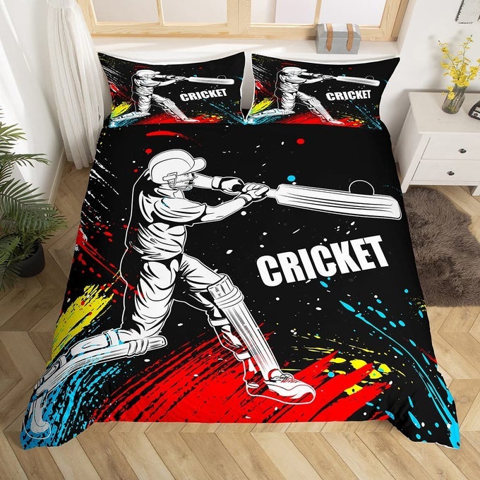 CRICKET PLAYER BEDDING SET FOR GIRLS BOYS CHILDREN SPORTS THEME COMFORTER COVER DECORATIVE CRICKET BALL GAME DUVET COVER TIE DYE WATERCOLOR BEDSPREAD COVER 3PCS ZIPPER KING