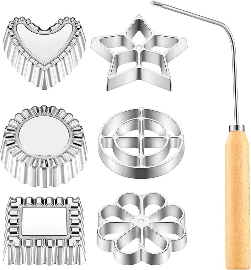 Achouray 7 Pieces Rosettes Timbale Set Rosette Iron Set with Handle Lotus Flower Bunuelos Cookie Mold Funnel Cake Maker Kit 