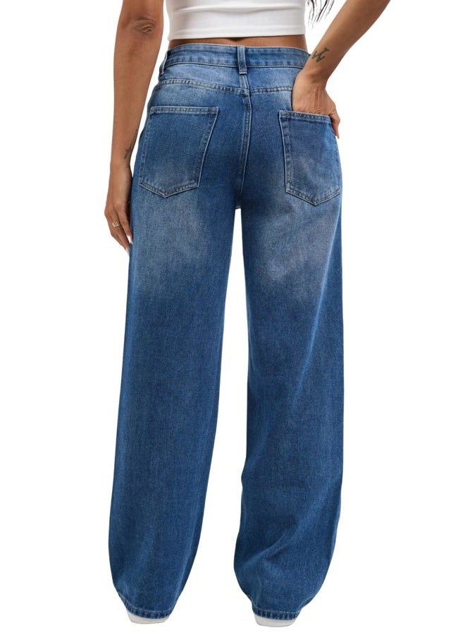 Wanduyini Rhinestone Straight Leg Jeans for Women Teen Girls Bling Loose Fit Denim Pants for Party Music Festival, Mid Blue, L - Image 4