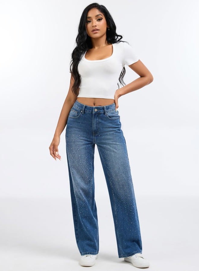 Wanduyini Rhinestone Straight Leg Jeans for Women Teen Girls Bling Loose Fit Denim Pants for Party Music Festival, Mid Blue, L - Image 3