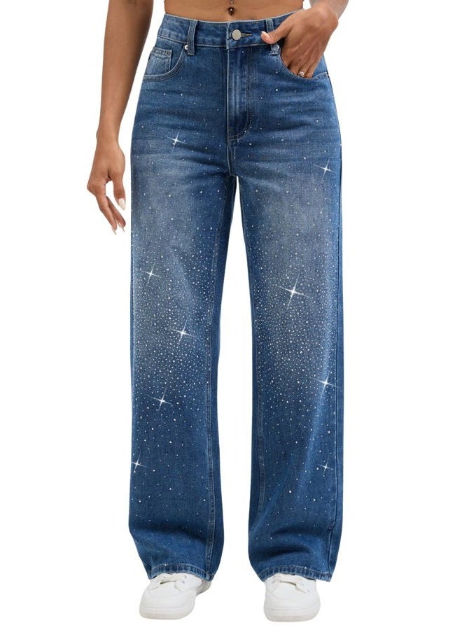 Wanduyini Rhinestone Straight Leg Jeans for Women Teen Girls Bling Loose Fit Denim Pants for Party Music Festival, Mid Blue, L - Image 1
