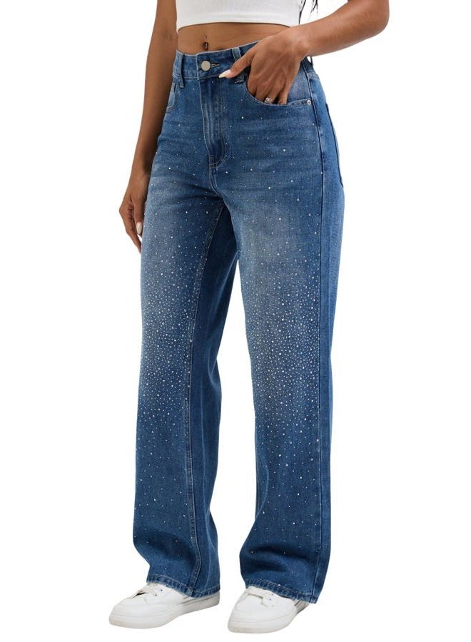 Wanduyini Rhinestone Straight Leg Jeans for Women Teen Girls Bling Loose Fit Denim Pants for Party Music Festival, Mid Blue, L - Image 5