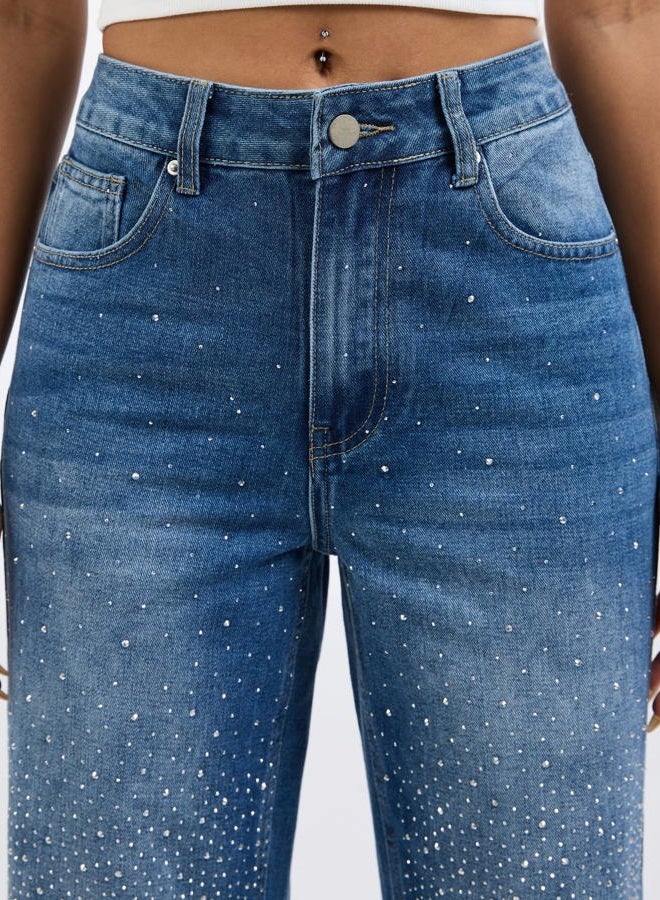 Wanduyini Rhinestone Straight Leg Jeans for Women Teen Girls Bling Loose Fit Denim Pants for Party Music Festival, Mid Blue, L - Image 2