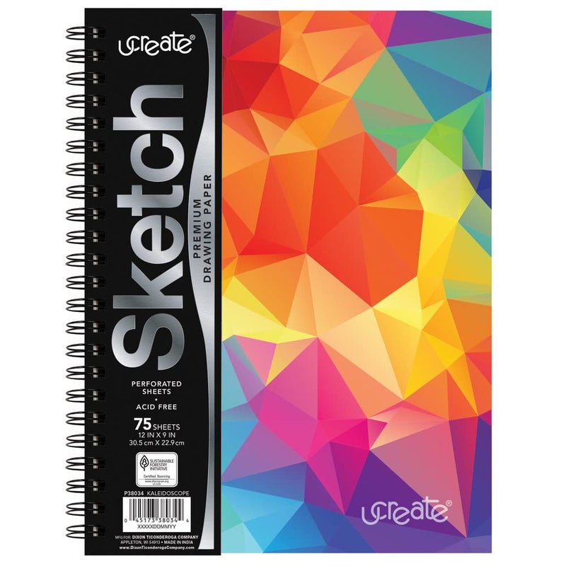 كتاب رسم غلاف بولي موضة UCreate بتصميم كاليودوسكوب 9 × 12 متعدد الألوان 75 ورقة
