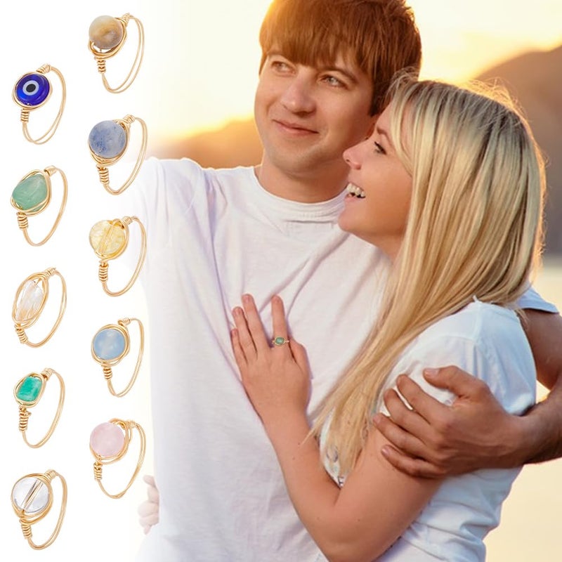 UNICRAFTALE 10Pcs 10 Styles Chakra Crystal Rings Gemstone Rings Copper Wire Wrapped Ring Irregular Colorful Gem Ring for Women(Gold) - Image 5