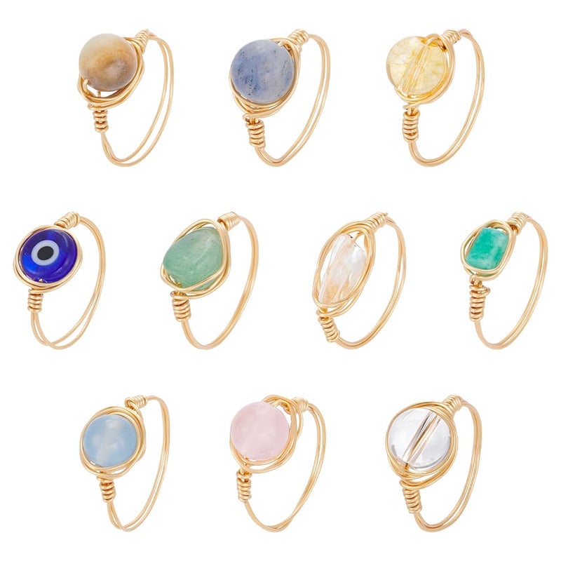 UNICRAFTALE 10Pcs 10 Styles Chakra Crystal Rings Gemstone Rings Copper Wire Wrapped Ring Irregular Colorful Gem Ring for Women(Gold) - Image 1