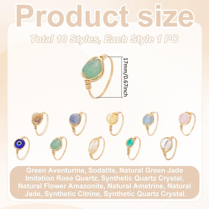 UNICRAFTALE 10Pcs 10 Styles Chakra Crystal Rings Gemstone Rings Copper Wire Wrapped Ring Irregular Colorful Gem Ring for Women(Gold) - Image 3
