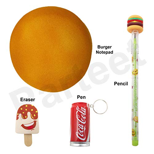 PARTEET Combo (Pack Of 4 Items) Burger Shape dairy/Notepad/Memo Pad with Pizza Pencil,Key Chain Pen and Ice Cream Eraser - Image 3