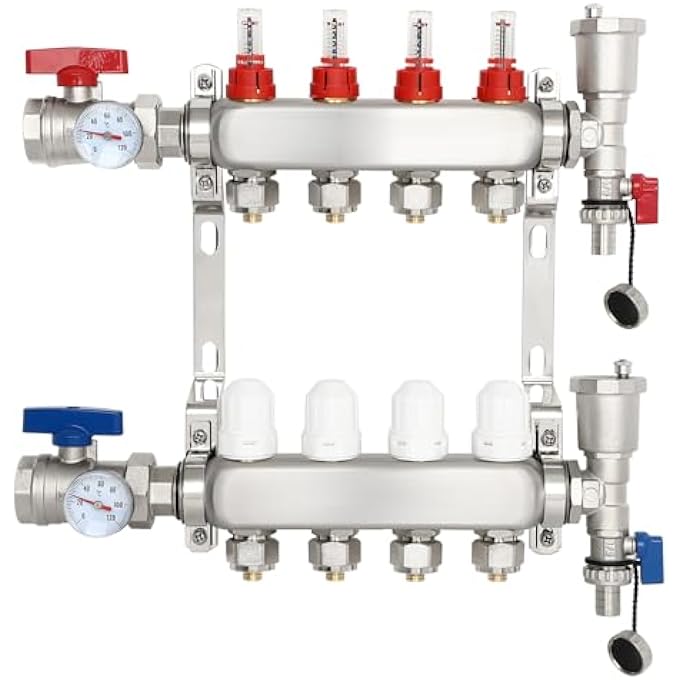 FLOOR HEATING MANIFOLD KIT, 4-BRANCH RADIANT HEATING MANIFOLD 1/2" ADAPTERS STAINLESS STEEL RADIANT HEAT PEX MANIFOLD SET - Image 2