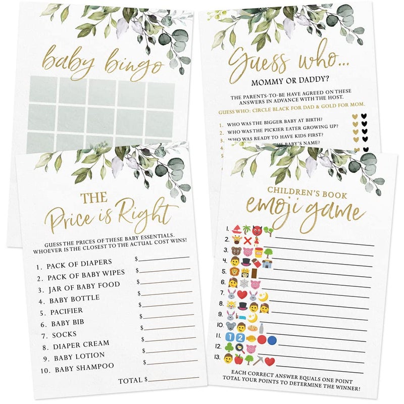 Printed Party Baby Shower Games for Boy or Girl  4 Games and Activities Botanical Greenery Theme 30 Guests