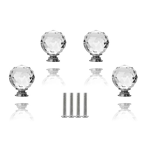 J P Hardware Clear Glass Crystal Cabinet Knobs/Wardrobe Door Knobs/Cupboard Drawer Pull Handle/Glass Dresser Knobs (Pack of 4_40mm) (Chrome Round Knobs) - Image 1