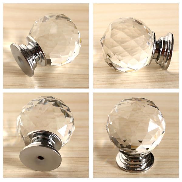 J P Hardware Clear Glass Crystal Cabinet Knobs/Wardrobe Door Knobs/Cupboard Drawer Pull Handle/Glass Dresser Knobs (Pack of 4_40mm) (Chrome Round Knobs) - Image 2