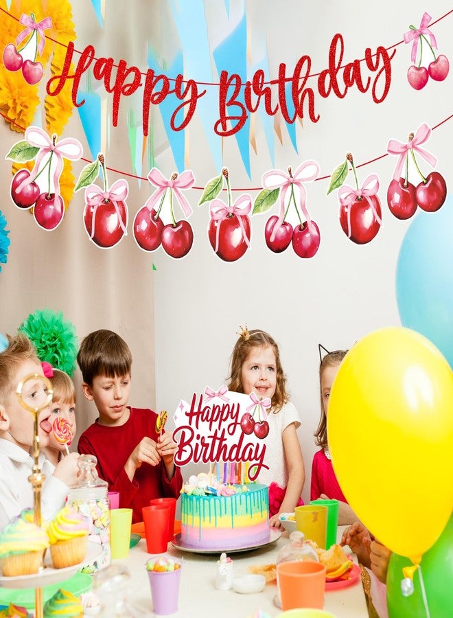 Refavor Cherry Birthday Party Decorations - Cherry Themed Banners Decoration Pink Bow Fruit Cake Topper Decor Supplies for Girls Women - Image 4