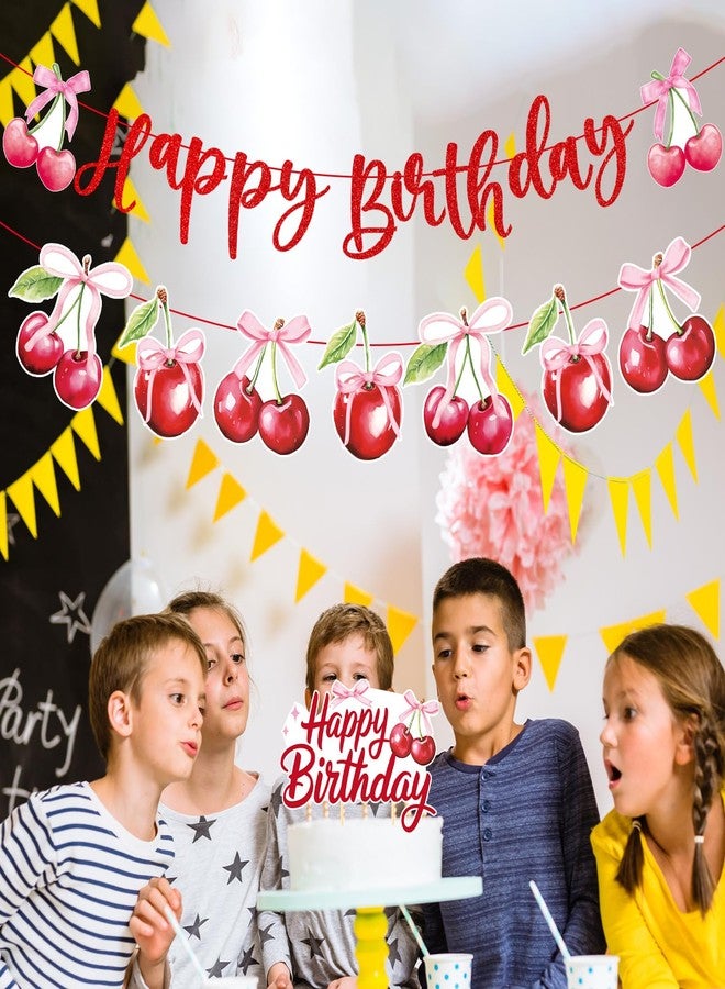 Refavor Cherry Birthday Party Decorations - Cherry Themed Banners Decoration Pink Bow Fruit Cake Topper Decor Supplies for Girls Women - Image 5