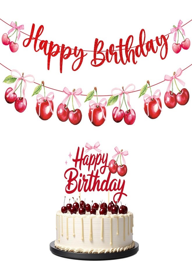 Refavor Cherry Birthday Party Decorations - Cherry Themed Banners Decoration Pink Bow Fruit Cake Topper Decor Supplies for Girls Women - Image 1