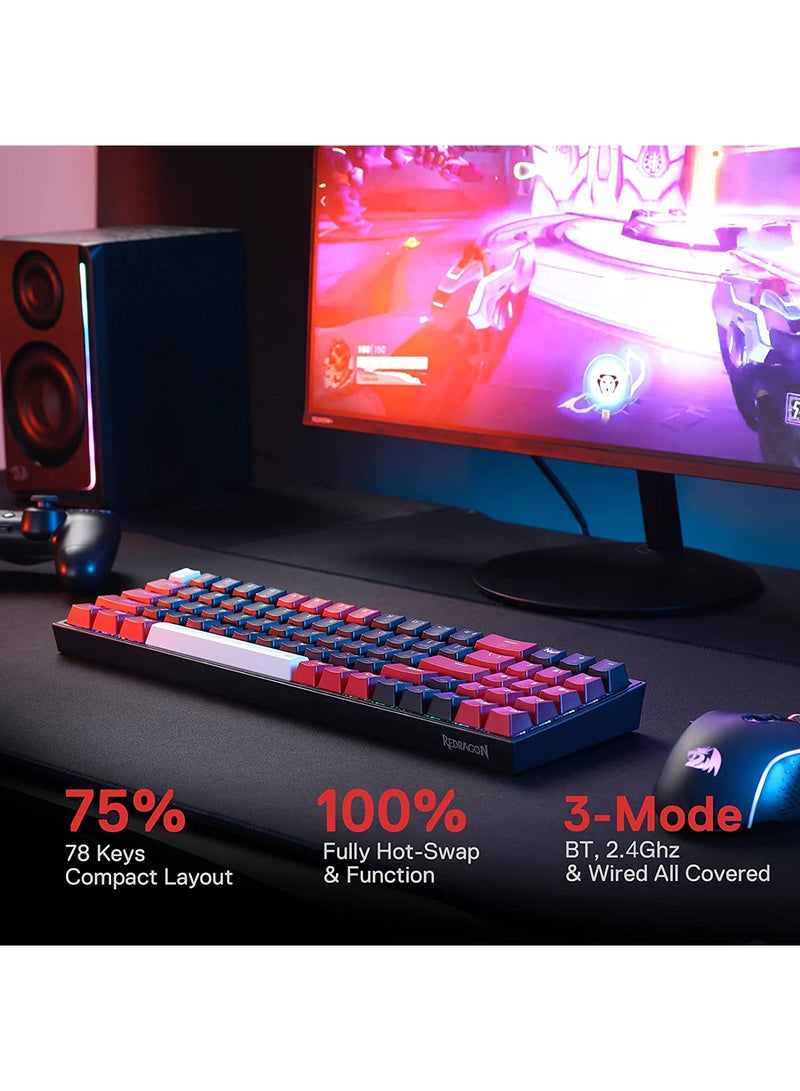 ريدراجون Redragon K628 PRO 75% 3-Mode Wireless RGB Gaming Keyboard، 78 مفتاحًا لوحة مفاتيح ميكانيكية مدمجة قابلة للتبديل السريع مع مقبس PCB مجاني للتبديل السريع، مفاتيح أسهم مخصصة ولوحة أرقام، مفتاح أحمر - Image 3