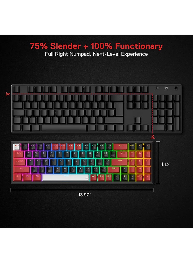 ريدراجون Redragon K628 PRO 75% 3-Mode Wireless RGB Gaming Keyboard، 78 مفتاحًا لوحة مفاتيح ميكانيكية مدمجة قابلة للتبديل السريع مع مقبس PCB مجاني للتبديل السريع، مفاتيح أسهم مخصصة ولوحة أرقام، مفتاح أحمر - Image 4