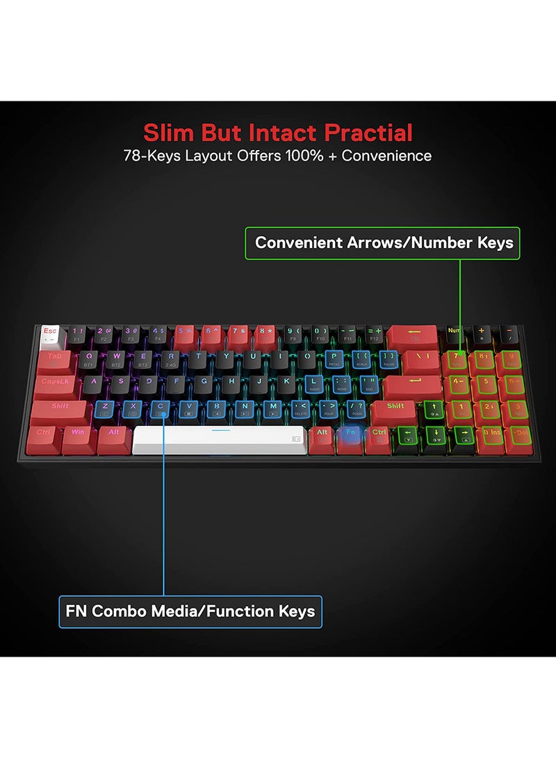 ريدراجون Redragon K628 PRO 75% 3-Mode Wireless RGB Gaming Keyboard، 78 مفتاحًا لوحة مفاتيح ميكانيكية مدمجة قابلة للتبديل السريع مع مقبس PCB مجاني للتبديل السريع، مفاتيح أسهم مخصصة ولوحة أرقام، مفتاح أحمر - Image 5