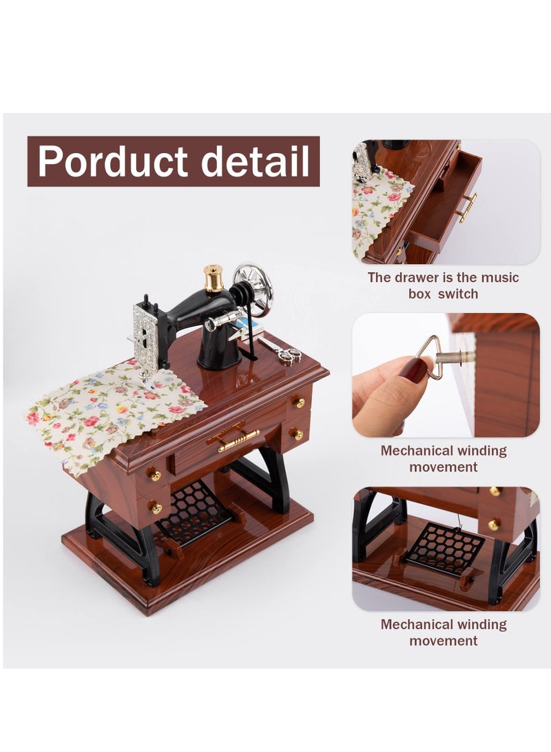 Sewing Machine Music Box, Vintage Hand Cranked Mechanism Mini Musical Retro Classical Table Desk Decoration Brown  - Image 5
