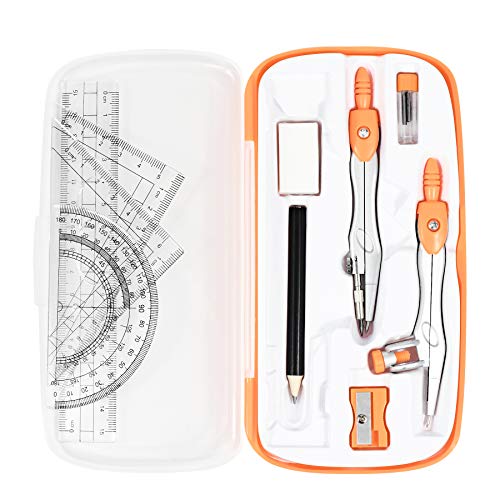 Vobou Math Geometry Kit Sets 10 Piece Student Supplies with Shatterproof Storage Box,Includes Rulers,Protractor,Compass,Eraser,Pencil Sharpener,Lead Refills,Pencil,for Drafting（Orange） - Image 1