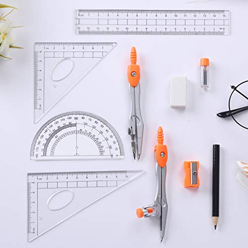 Vobou Math Geometry Kit Sets 10 Piece Student Supplies with Shatterproof Storage Box,Includes Rulers,Protractor,Compass,Eraser,Pencil Sharpener,Lead Refills,Pencil,for Drafting（Orange） - Image 3
