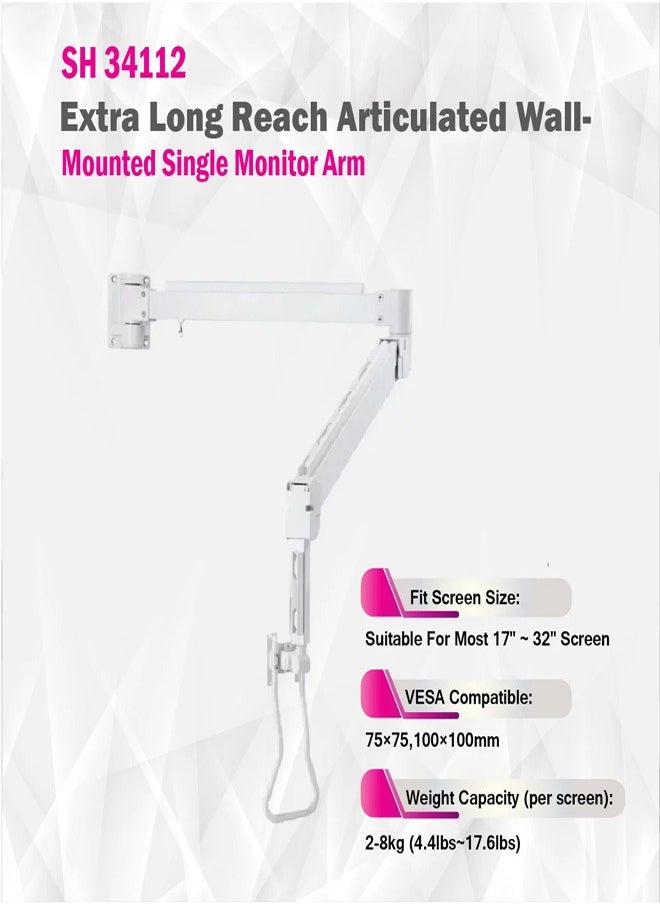 Skill Tech SH34 112 Extra Long Reach Articulated Wall-Mounted Monitor Arm For Most 17"-32" Screens, Max VESA 100x100, Max Load Capacity 8 Kg  - Image 3