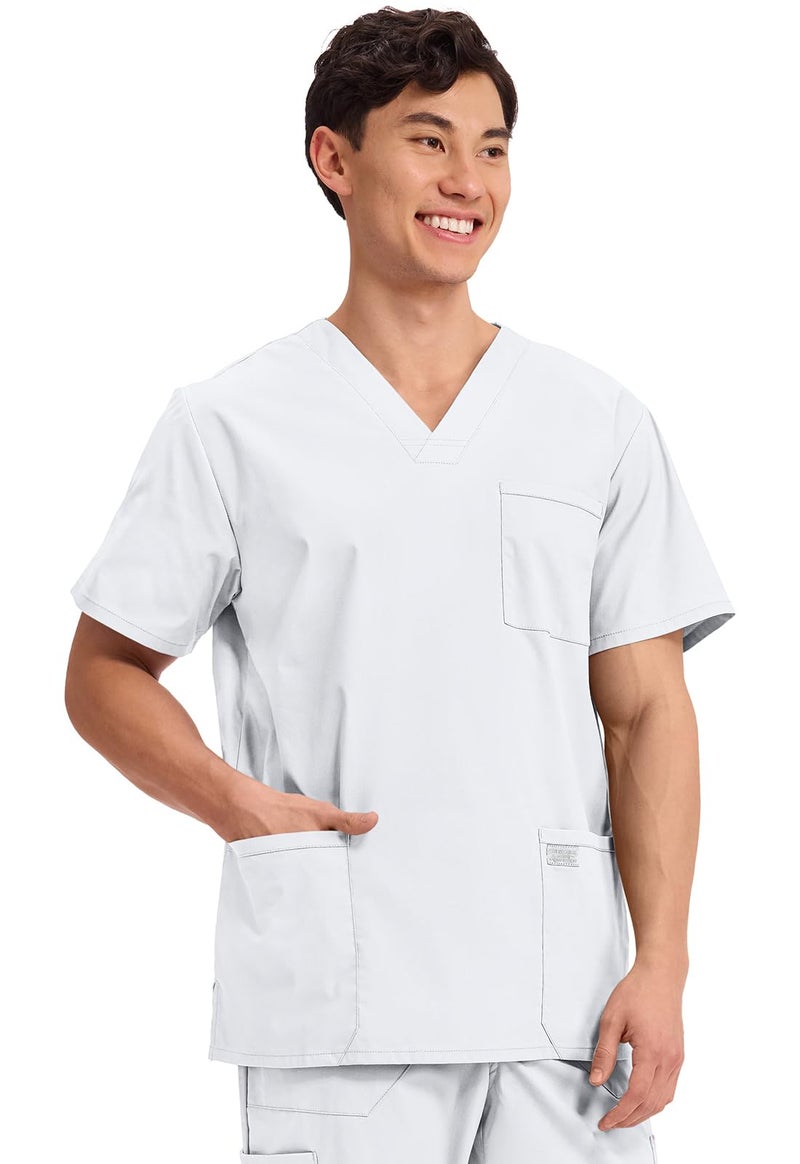 Cherokee Men's V-Neck Top Traditional fit with 4 Pockets, Ultra Soft, Durable, Fade Resistant, 2-Way Stretch Fabric - WW695, L, White - Image 4