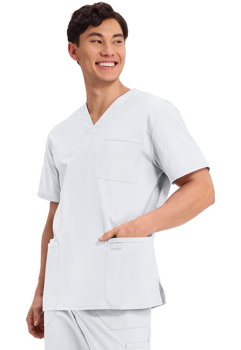 Cherokee Men's V-Neck Top Traditional fit with 4 Pockets, Ultra Soft, Durable, Fade Resistant, 2-Way Stretch Fabric - WW695, L, White - Image 2