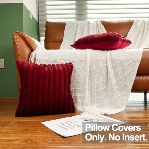 COTEY 18x18 Throw Pillow Covers Set of 2 Decorative Faux Fur Covers for Bed Couch Soft Fluffy Pillow Cover with Velvet Back for Living Room Neutral Home Dcor Accent for Sofa Wine Red - Image 3
