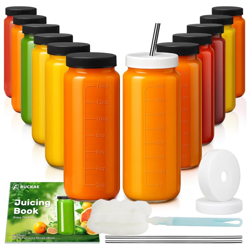 Ruckae 16oz 12 Pack Juice Bottles, Glass Bottles Juicing with Lids, Smoothie Cup Lids and Straws, Water Bottle Mason Jar Drinking Glasses for Juicing, Smoothies, Kombucha - Image 1