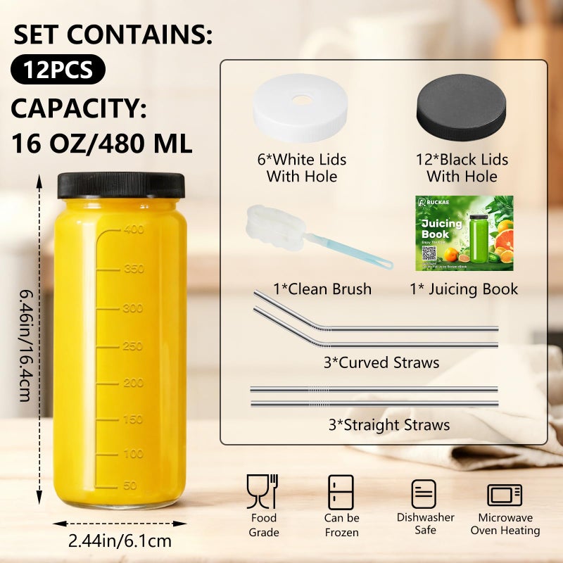 Ruckae 16oz 12 Pack Juice Bottles, Glass Bottles Juicing with Lids, Smoothie Cup Lids and Straws, Water Bottle Mason Jar Drinking Glasses for Juicing, Smoothies, Kombucha - Image 2