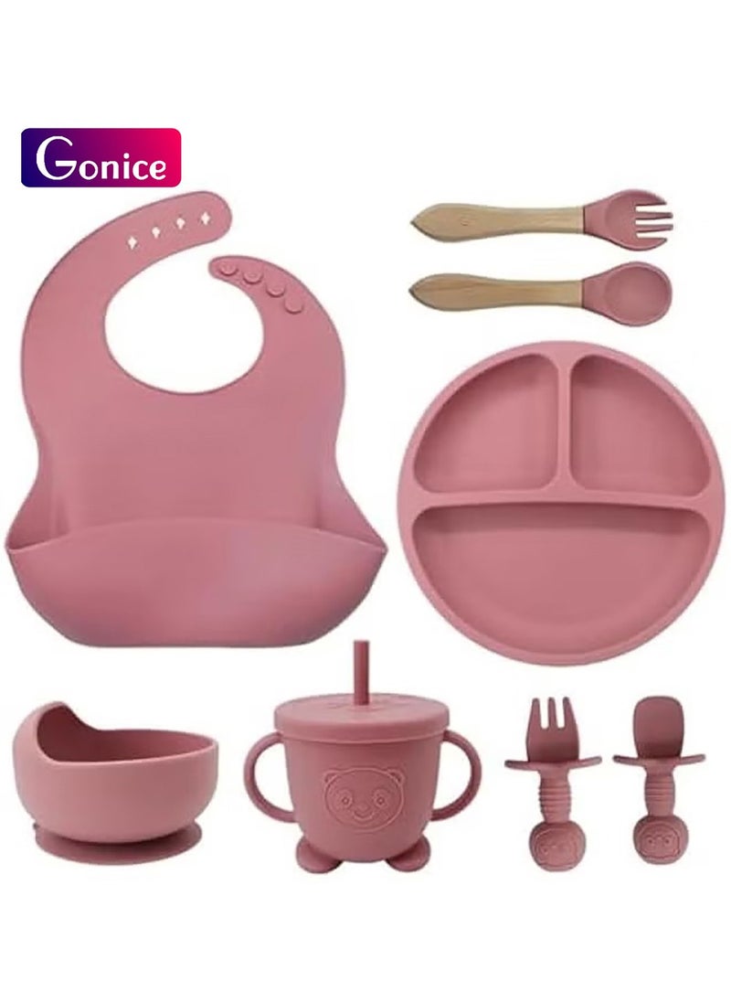 Gonice 8Pcs Silicone Baby Feeding Set, Baby Eating Utensils with Suction Bowl Divided Plate, Toddler Self Feeding Dish Set with Spoons Forks Sippy Cup Adjustable Bib (pink)  - Image 1
